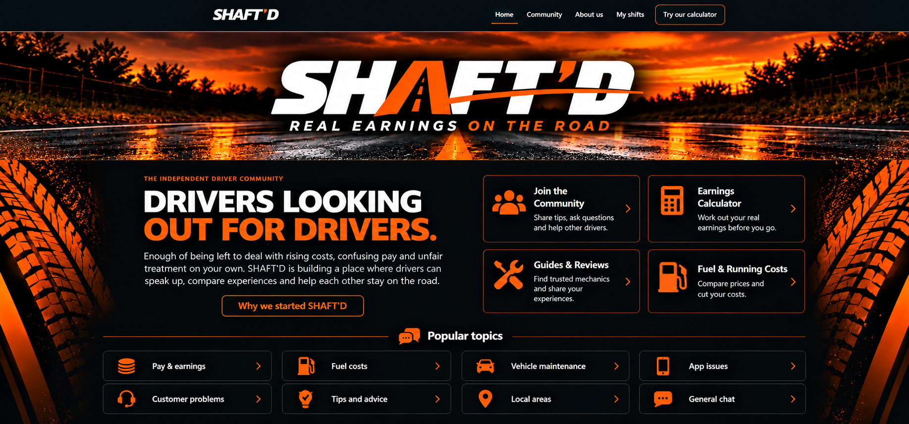 SHAFT’D homepage with orange sunset road, matching tyre tracks, driver community and links